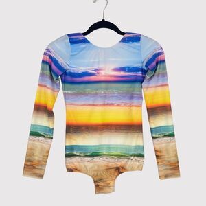 LIVE Womens Swimsuit Blue One Piece Sunset Beach Graphic Open Back Petite Small